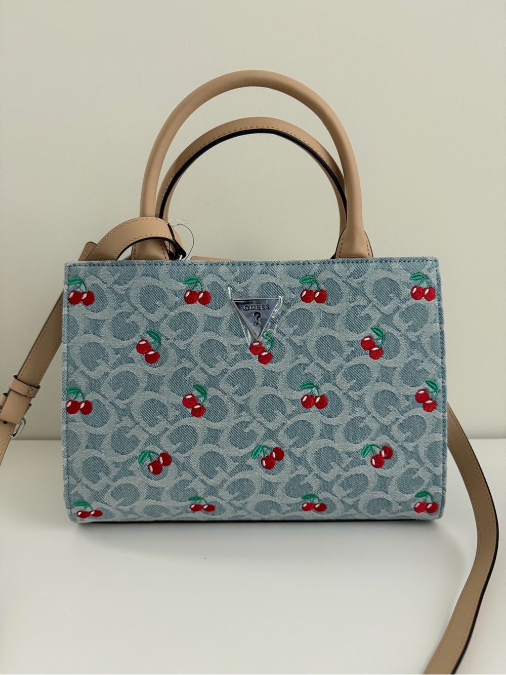 Guess Light Blue Cherry-Print Satchel with Tan Handles